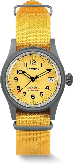 Day Date Function 100M Waterproof with Nylon Strap Japanese NH35 Mechanical Movement & Screw Down Crown??LANDMASTER BODERRY Men's Watch Titanium Automatic Field Watch 38mm Military specifically technician sequence Watch 