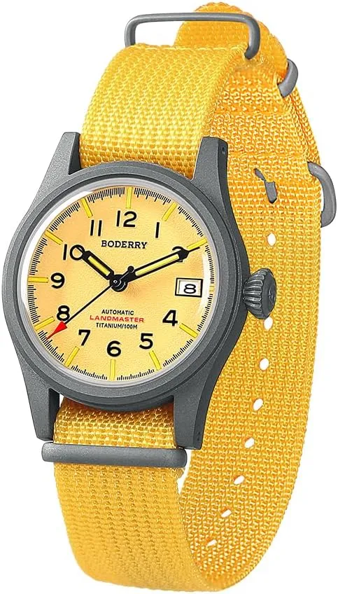 Day Date Function 100M Waterproof with Nylon Strap Japanese NH35 Mechanical Movement & Screw Down Crown??LANDMASTER BODERRY Men's Watch Titanium Automatic Field Watch 38mm Military specifically technician sequence Watch 
