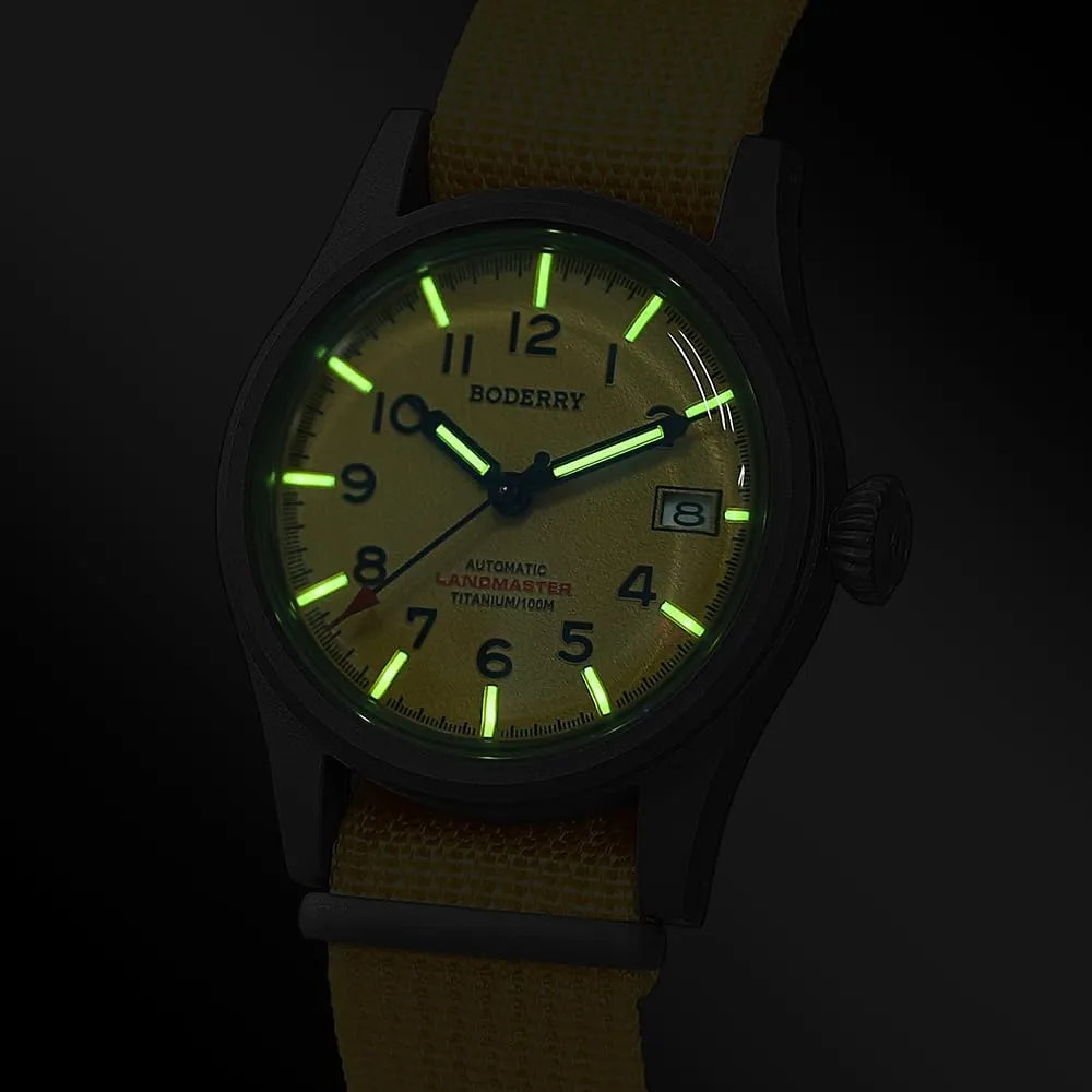 Day Date Function 100M Waterproof with Nylon Strap Japanese NH35 Mechanical Movement & Screw Down Crown??LANDMASTER BODERRY Men's Watch Titanium Automatic Field Watch 38mm Military specifically technician sequence Watch 