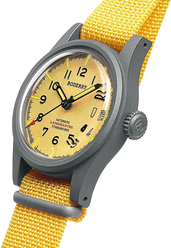 Day Date Function 100M Waterproof with Nylon Strap Japanese NH35 Mechanical Movement & Screw Down Crown??LANDMASTER BODERRY Men's Watch Titanium Automatic Field Watch 38mm Military specifically technician sequence Watch 