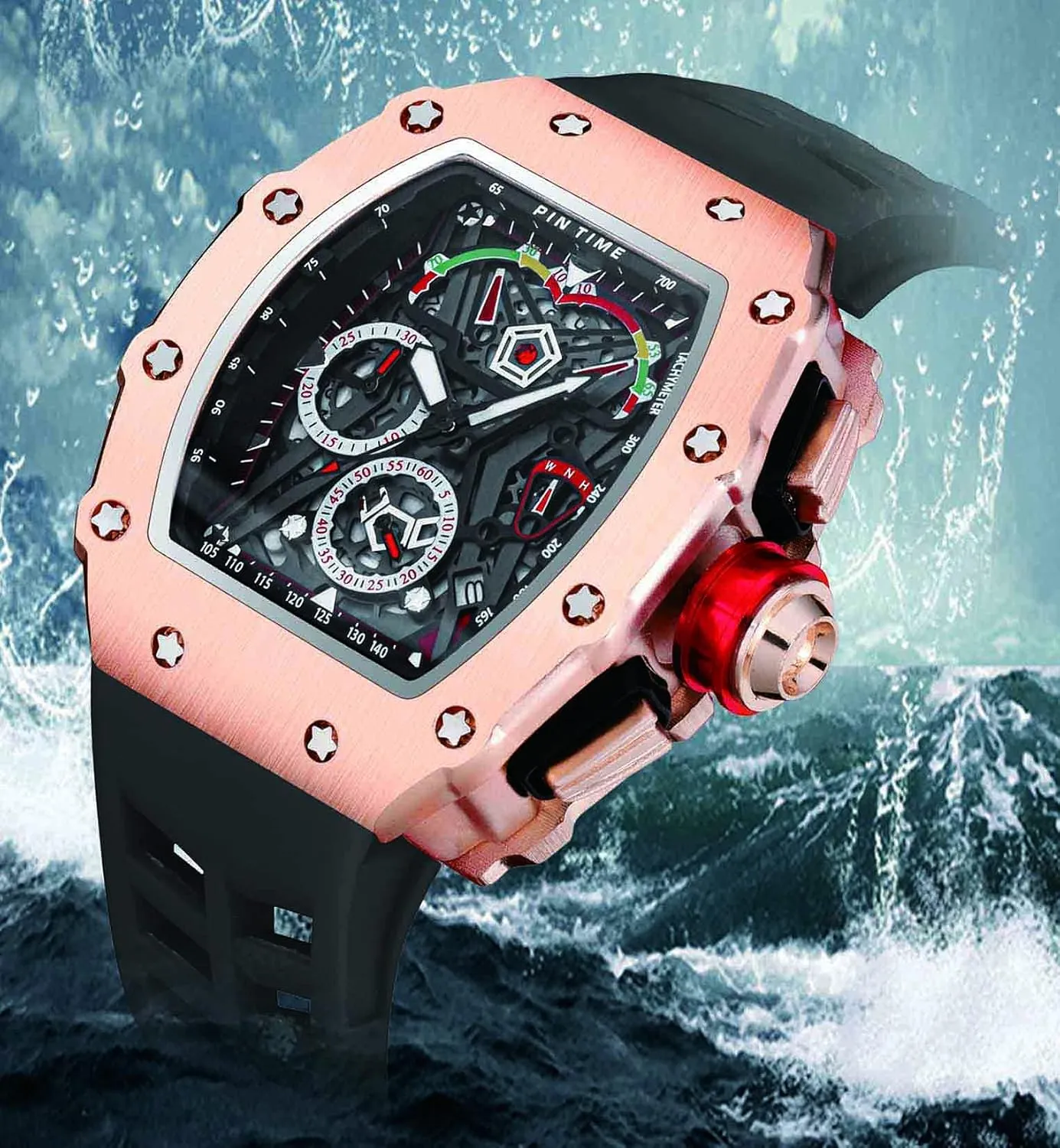 Design with Rubber Band FANMIS Mens Luxury Tonneau Square Watches Analog Punk Chronograph Unique scurry clipper cabin Sports Wrist Watch Japanese Movement Luminous 