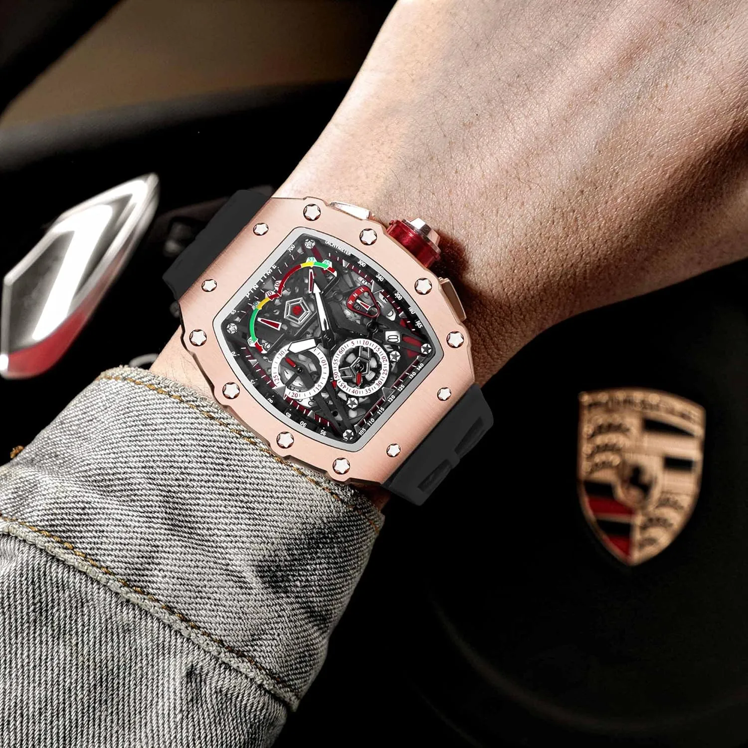 Design with Rubber Band FANMIS Mens Luxury Tonneau Square Watches Analog Punk Chronograph Unique scurry clipper cabin Sports Wrist Watch Japanese Movement Luminous 