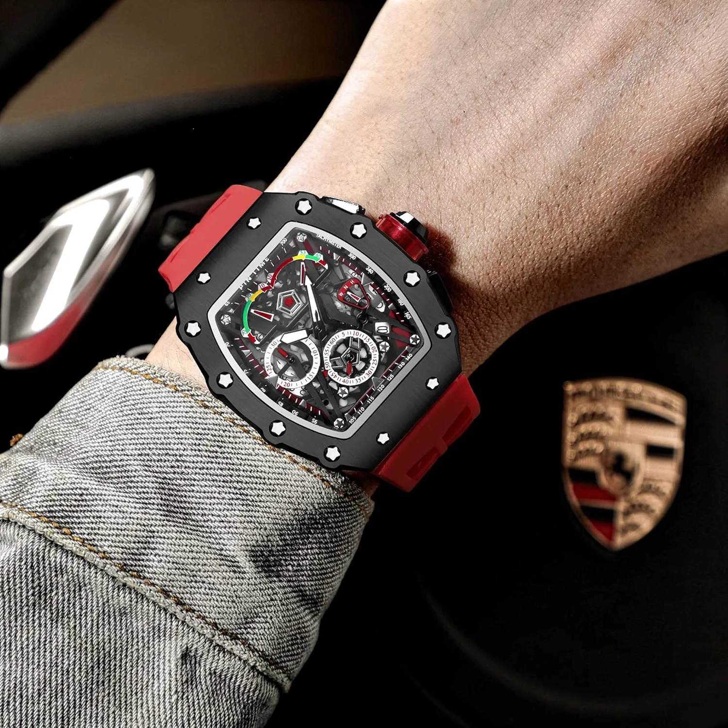 Design with Rubber Band pursuit crystal commitment dampen FANMIS Mens Luxury Tonneau Square Watches Analog Punk Chronograph Unique Sports Wrist Watch Japanese Movement Luminous 