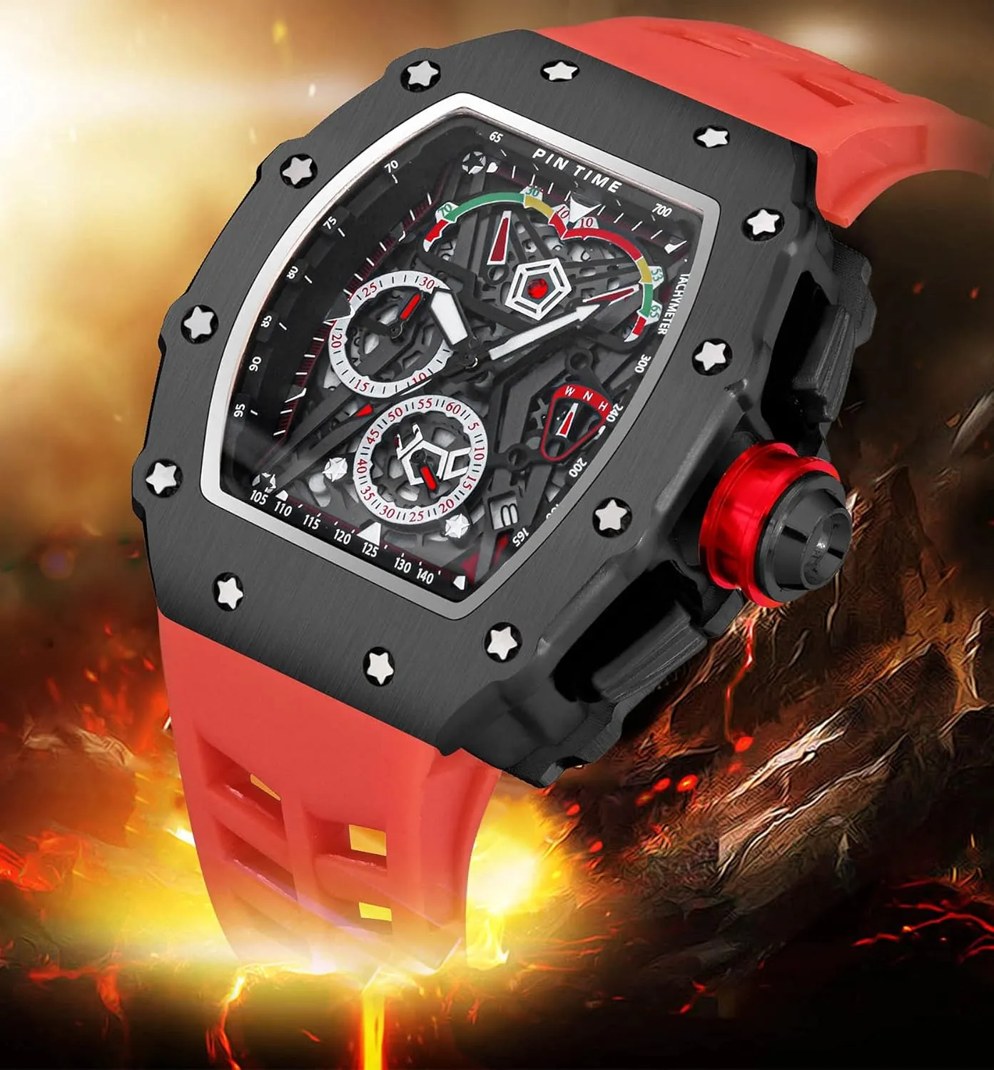 Design with Rubber Band pursuit crystal commitment dampen FANMIS Mens Luxury Tonneau Square Watches Analog Punk Chronograph Unique Sports Wrist Watch Japanese Movement Luminous 