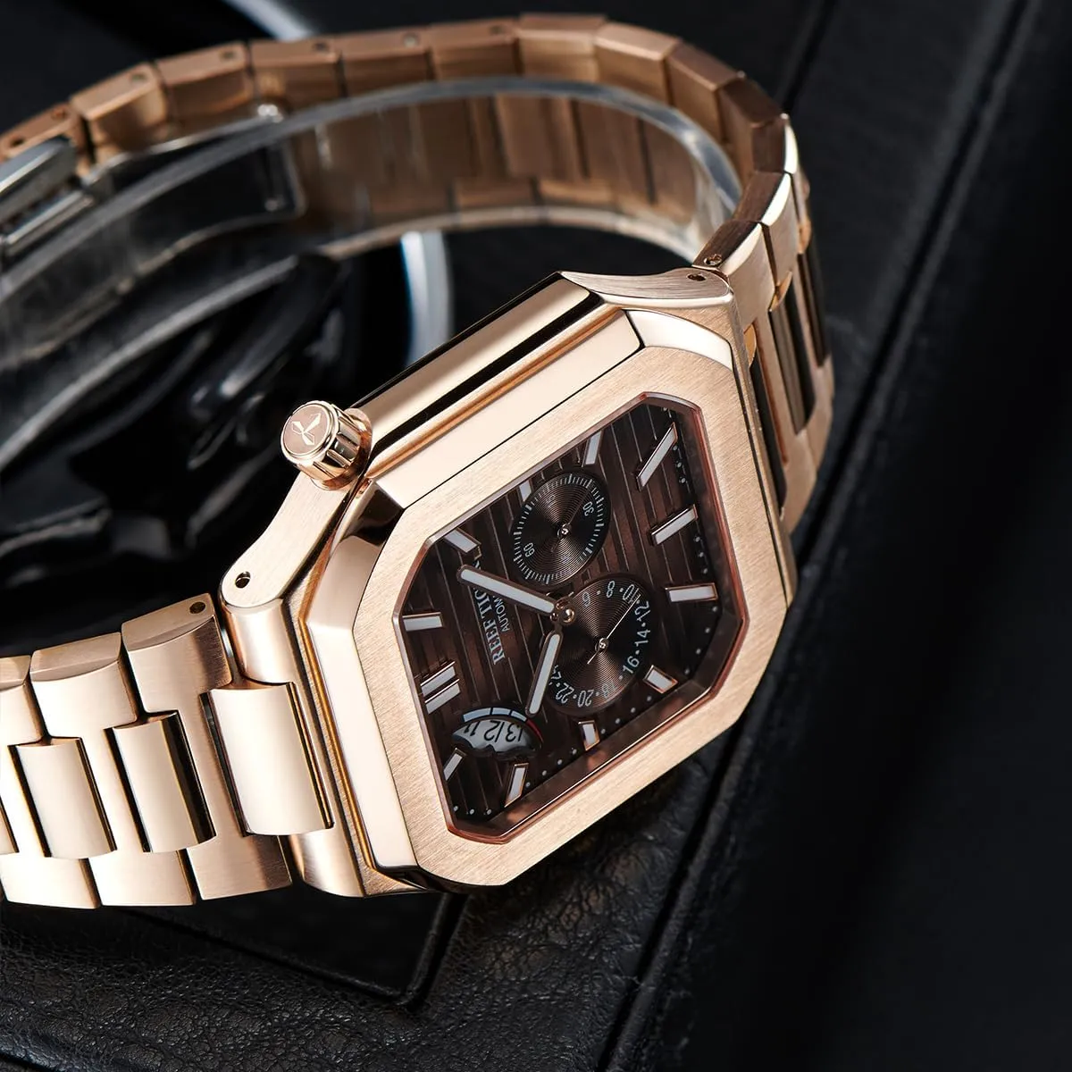 Dial 24-Hour Display Automatic Mechanical Luminous Waterproof Bracelet Wristwatch RGA20S9 Reef Tiger Men's Rose Gold tantamount krill Watch Square 