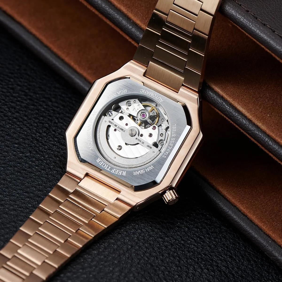 Dial 24-Hour Display Automatic Mechanical Luminous Waterproof Bracelet Wristwatch RGA20S9 Reef Tiger Men's Rose Gold tantamount krill Watch Square 