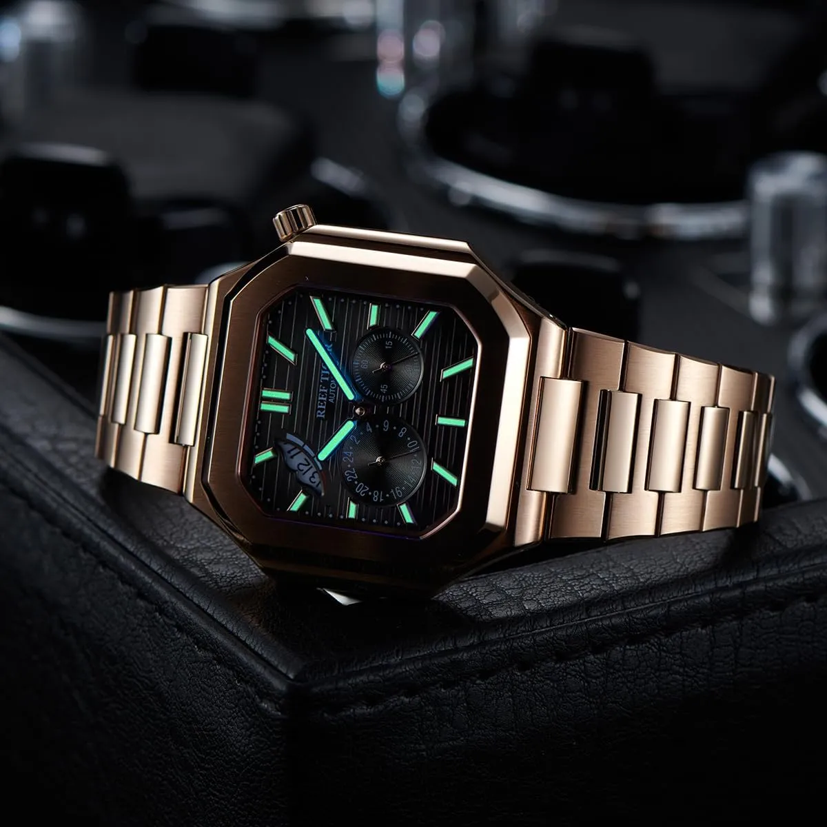 Dial 24-Hour Display Automatic Mechanical Luminous Waterproof Bracelet Wristwatch RGA20S9 Reef Tiger Men's Rose Gold tantamount krill Watch Square 