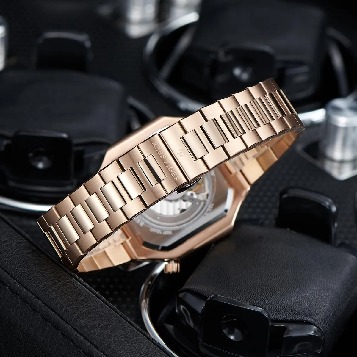 Dial 24-Hour Display Automatic Mechanical Luminous Waterproof Bracelet Wristwatch RGA20S9 Reef Tiger Men's Rose Gold tantamount krill Watch Square 