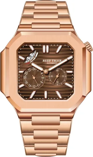 Dial 24-Hour Display Automatic Mechanical Luminous Waterproof Bracelet Wristwatch RGA20S9 Reef Tiger Men's Rose Gold tantamount krill Watch Square 