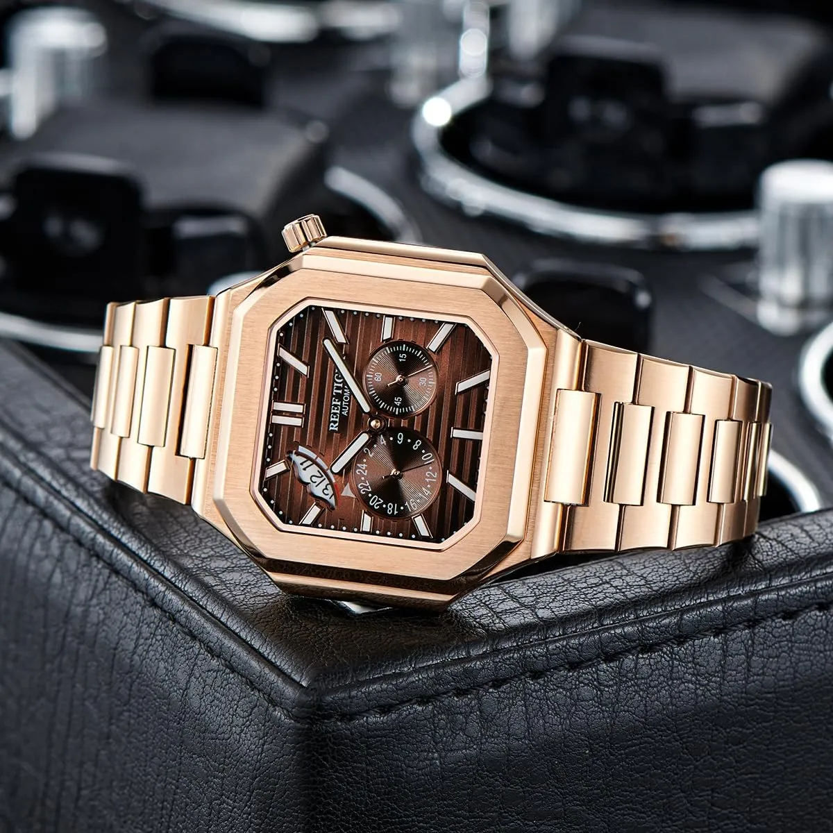 Dial 24-Hour Display Automatic Mechanical Luminous Waterproof Bracelet Wristwatch RGA20S9 Reef Tiger Men's Rose Gold tantamount krill Watch Square 