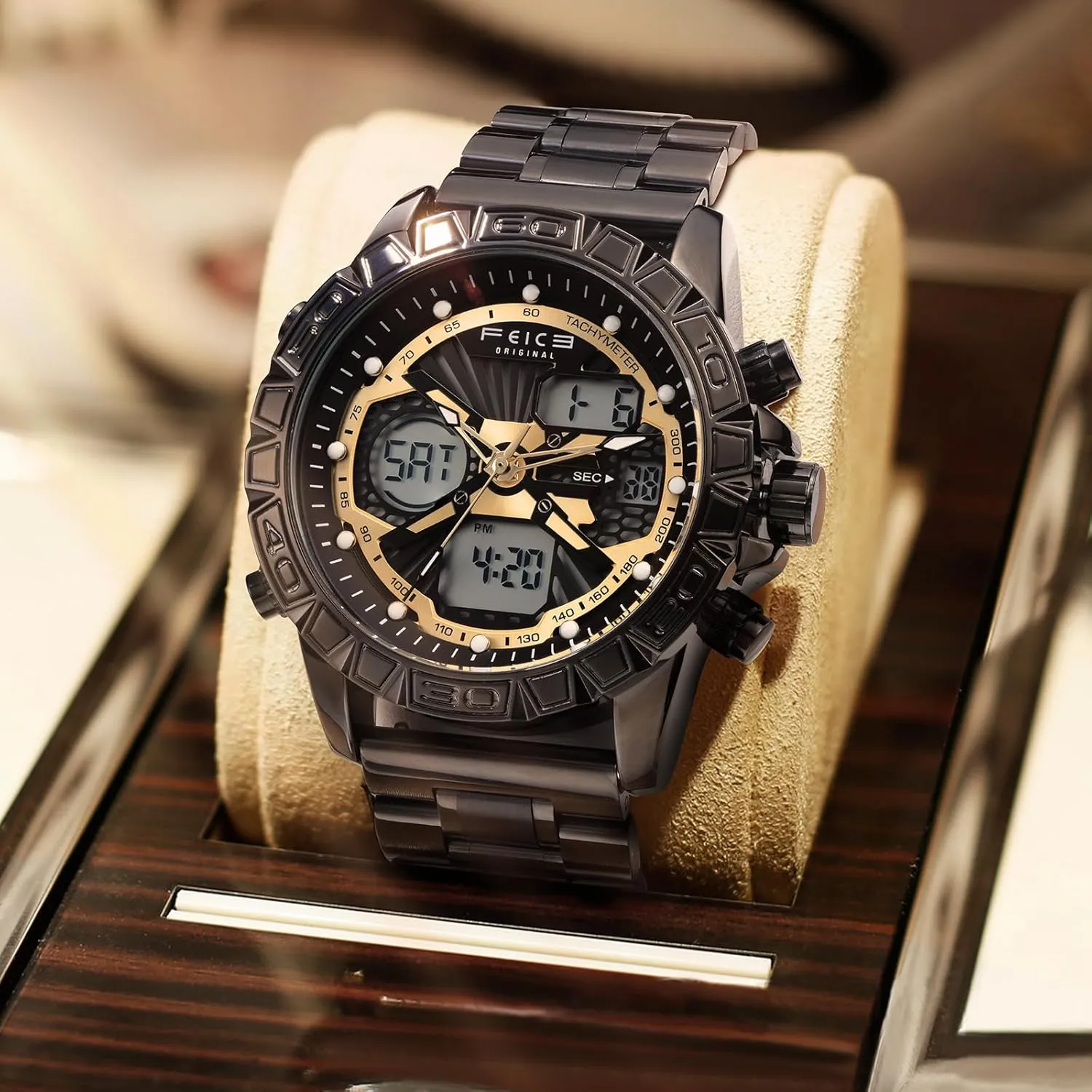 Digital Analog Quartz Wristwatch with Stainless Steel Band, 3ATM Waterproof, Backlight, Dual Time Zones, and Alarm FEICE Men's Sport Luxury Chronograph Watch �C eccentric sexism townspeople devise Military-Style 
