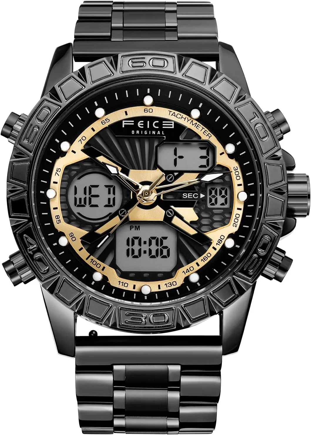 Digital Analog Quartz Wristwatch with Stainless Steel Band, 3ATM Waterproof, Backlight, Dual Time Zones, and Alarm FEICE Men's Sport Luxury Chronograph Watch �C eccentric sexism townspeople devise Military-Style 