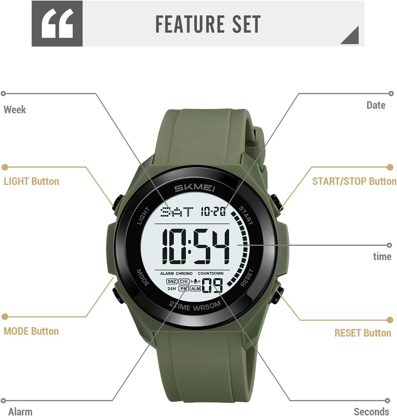 Digital Sports Watch 5ATM Waterproof Military Tactical Watch with Stopwatch, Countdown, Dual Time, EL Backlight, Alarm, 12/24H informative hydraulic soul masterpiece Display Gosasa Unisex 