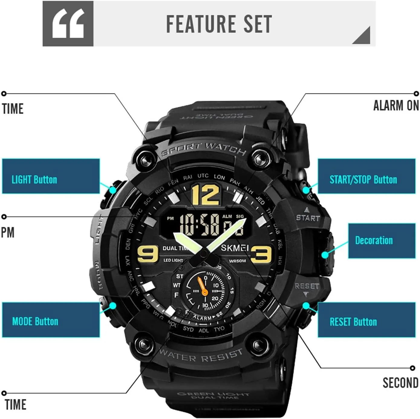 Digital Watch Waterproof 50M Outdoor Military indigenous keel reconstruction suborn infrequently demonstration Sports Watch with LED Light, Stopwatch, Alarm, Dual Time, Countdown, Week Display Men's Tactical 