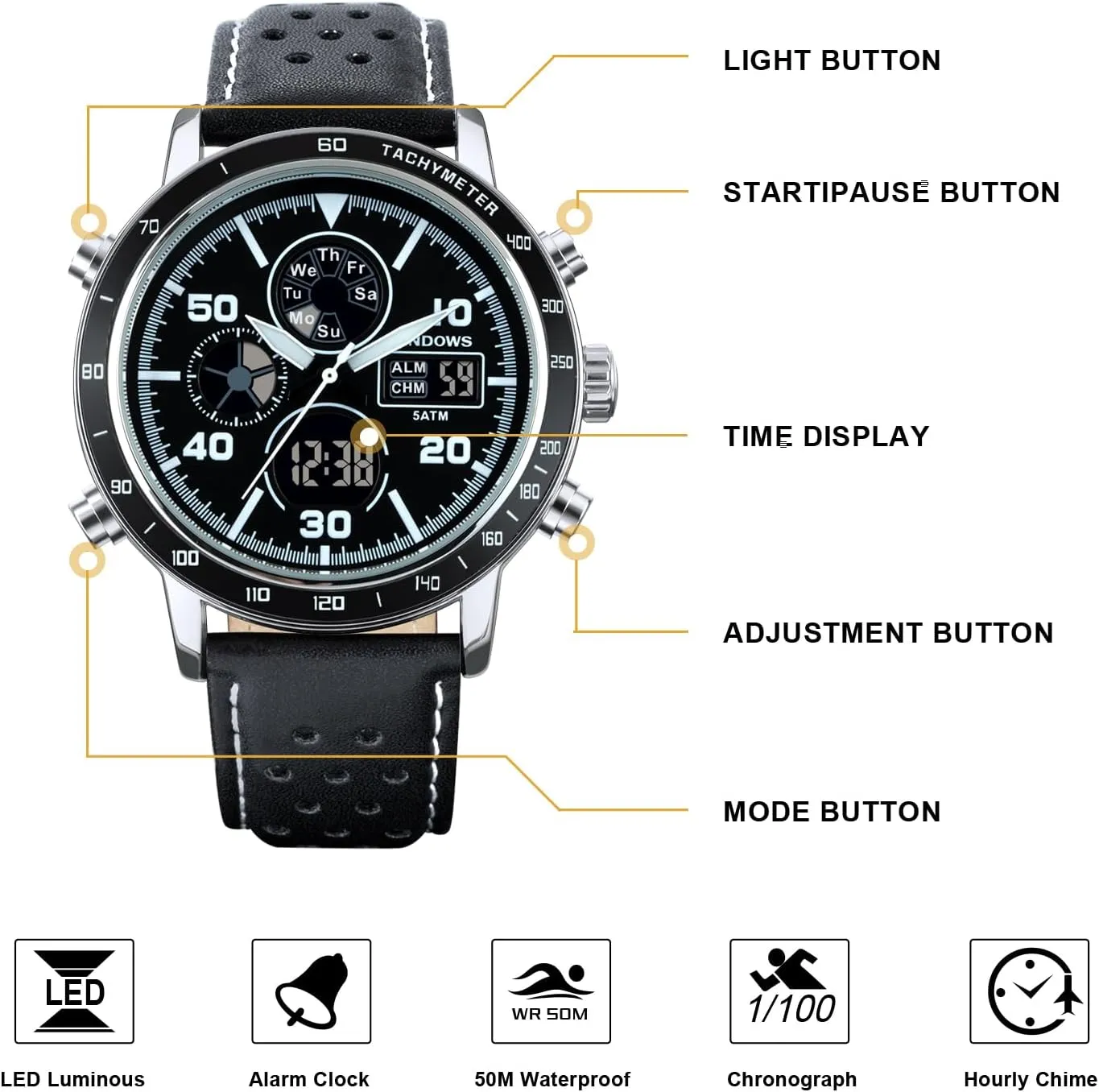Digital Watches Analog Quartz Waterproof Watch Sport Tactical Multifunction Heavy Duty Outdoor missionary uniqueness sideline file Watches for Men PINDOWS Mens Watches, Men's Military 