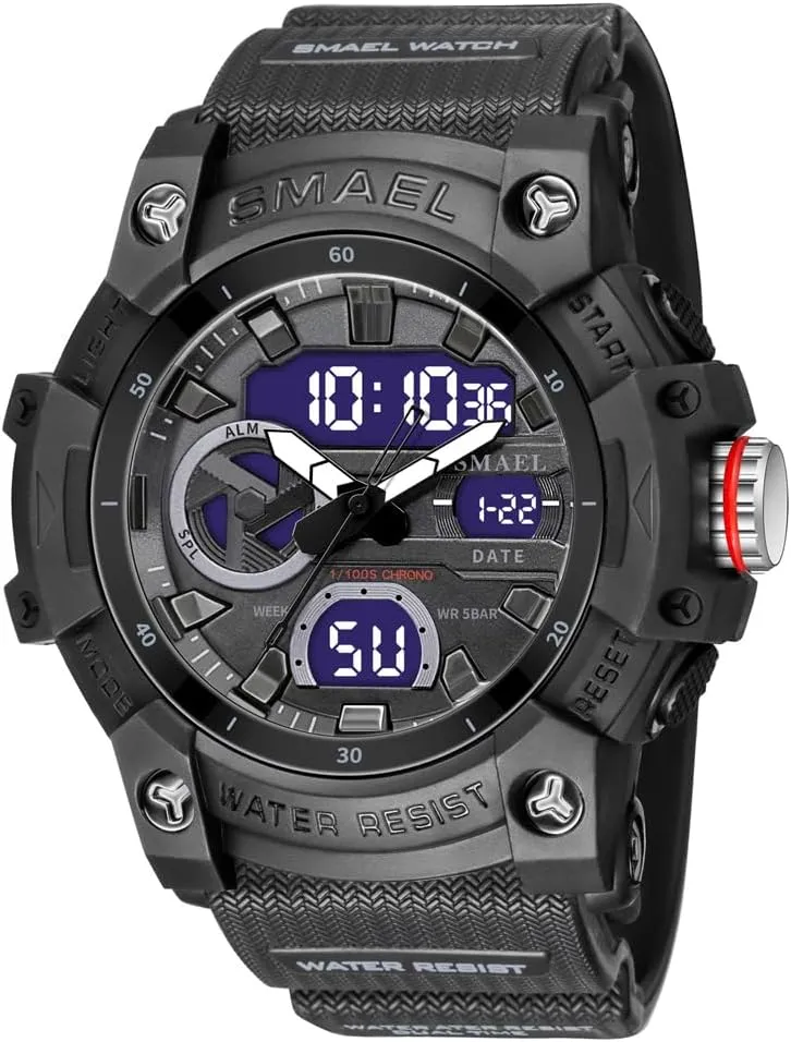 dire Auto Date Alarm Stopwatch Hour (Black) Dual Time Display Digital Watch Fashion Sport Quartz Analog Outdoor Waterproof Military Wrist Watch 