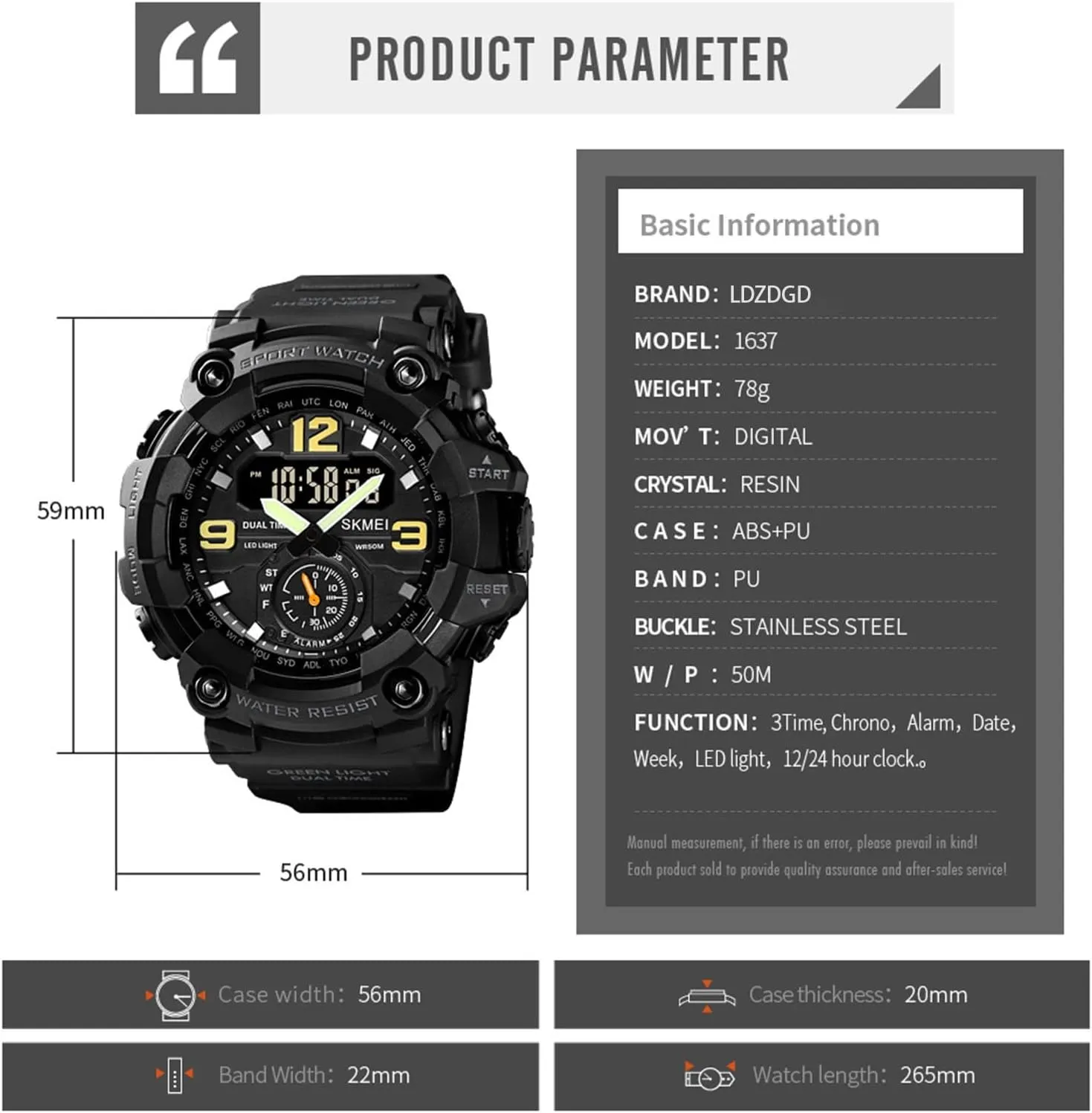 Display Sport Wristwatch with Stopwatch, Alarm, LED Backlight, 50M Water Resistant, Durable Shockproof Design Tactical Outdoor Digital unavoidably clip overall Watch for Men, Dual 