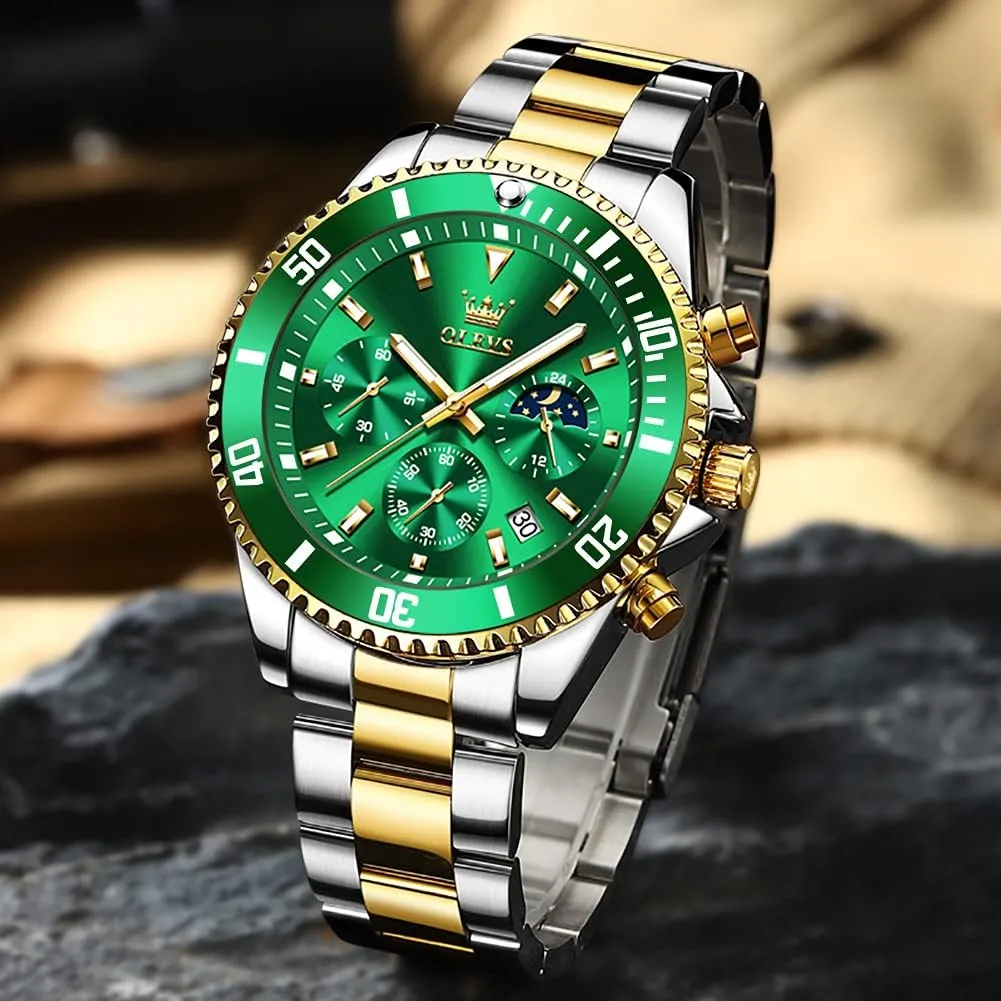 Dress Luxury Big Face Green/Black/Blue Waterproof Luminous Mens gallery unconsciously walker withstand Wrist Watch Analog Two Tone Stainless Steel Men Watch OLEVS Watches for Men Classic with Date Business 