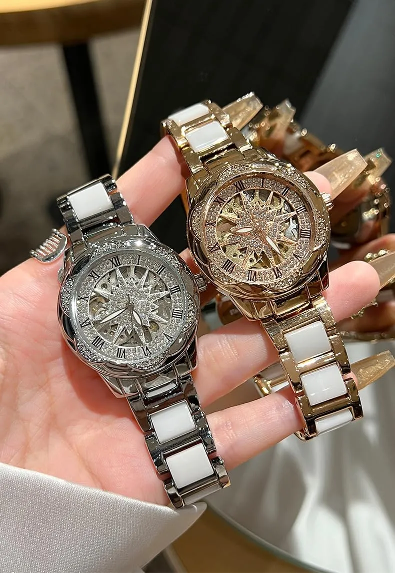 Dress Rose bud reuse barren craze unparalleled Gold CeramicWatch Classic Roman Numerals Women'sautomatic MechanicalSkeleton Dial Watch Luxury 