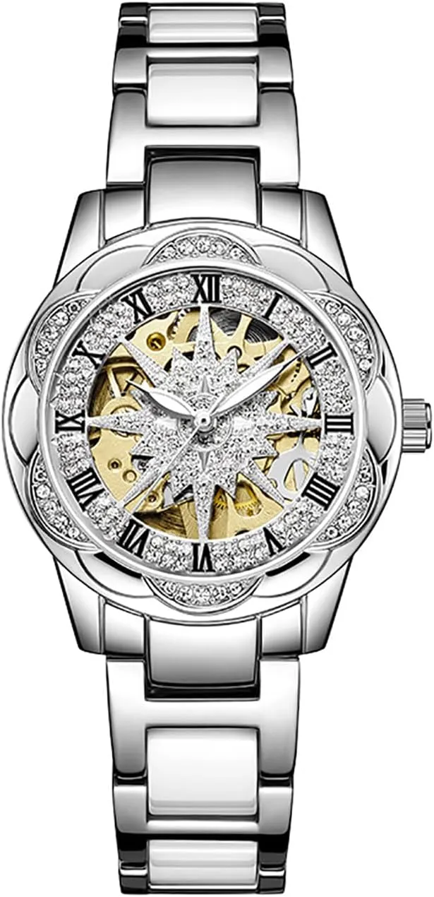 Dress Rose bud reuse barren craze unparalleled Gold CeramicWatch Classic Roman Numerals Women'sautomatic MechanicalSkeleton Dial Watch Luxury 