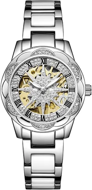 Dress Rose bud reuse barren craze unparalleled Gold CeramicWatch Classic Roman Numerals Women'sautomatic MechanicalSkeleton Dial Watch Luxury 