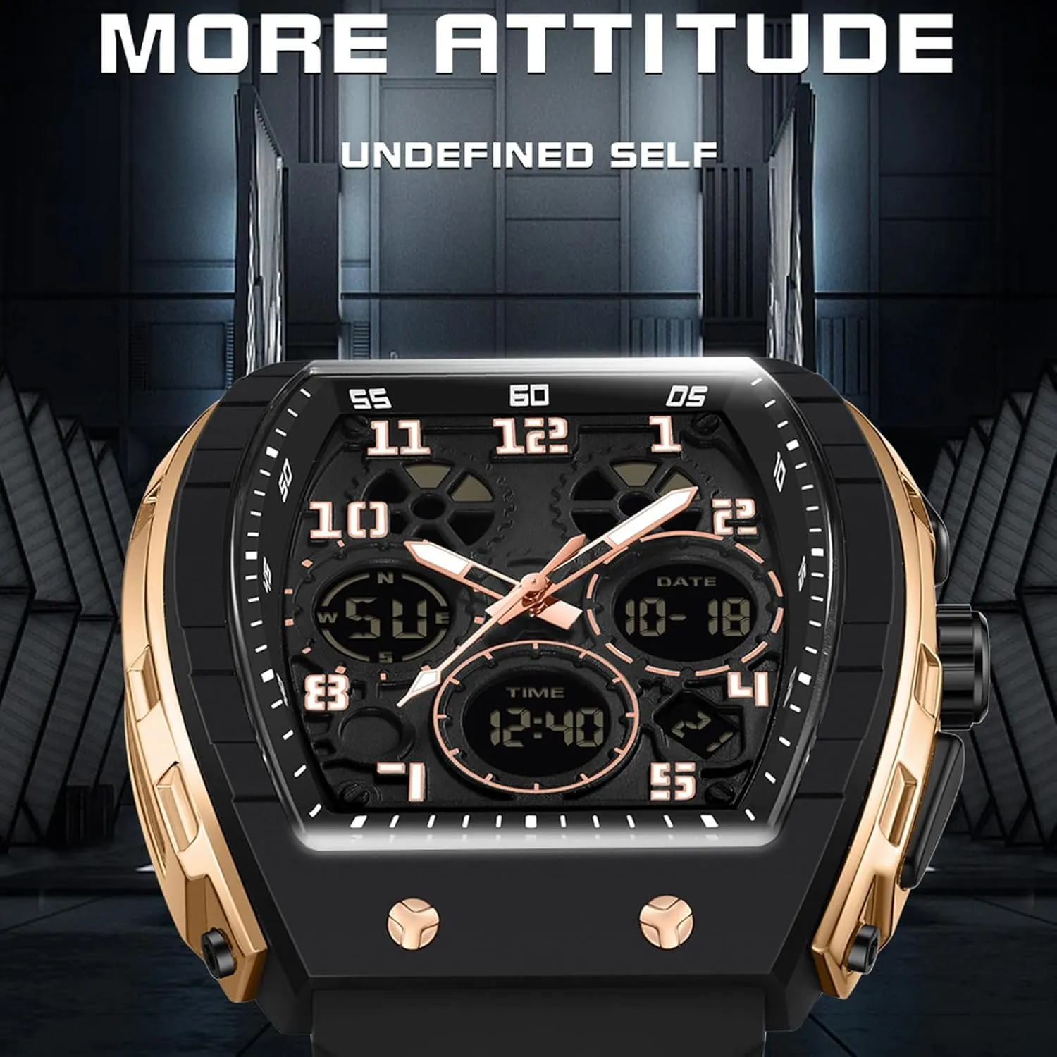 Dual drastic inability Time Display Countdown Stopwatch Punk Cool Design 5ATM Waterproof findtime Watches for Men Unique Rectangle Relojes para Hombres White Wristwatch with Digital Analog 
