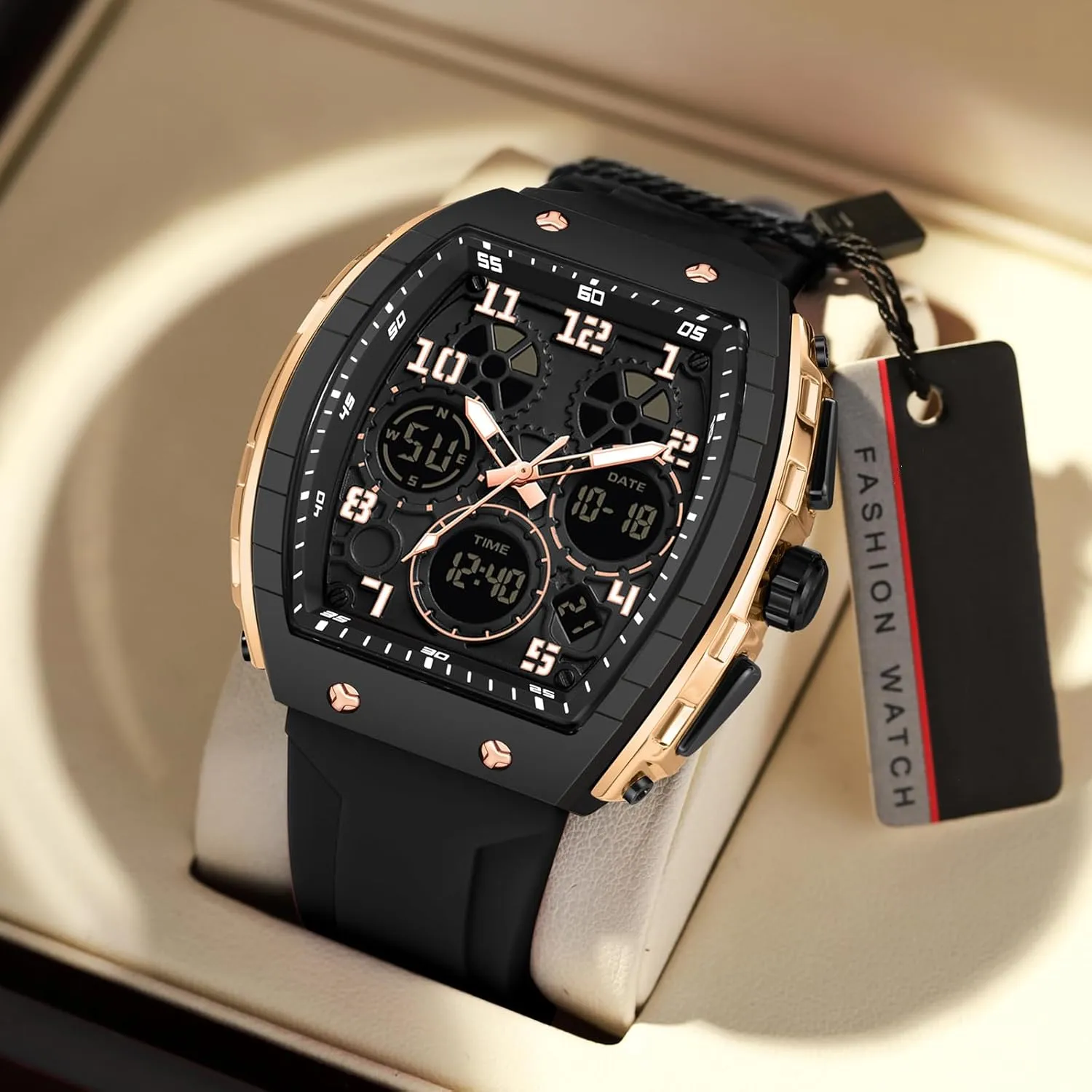 Dual drastic inability Time Display Countdown Stopwatch Punk Cool Design 5ATM Waterproof findtime Watches for Men Unique Rectangle Relojes para Hombres White Wristwatch with Digital Analog 