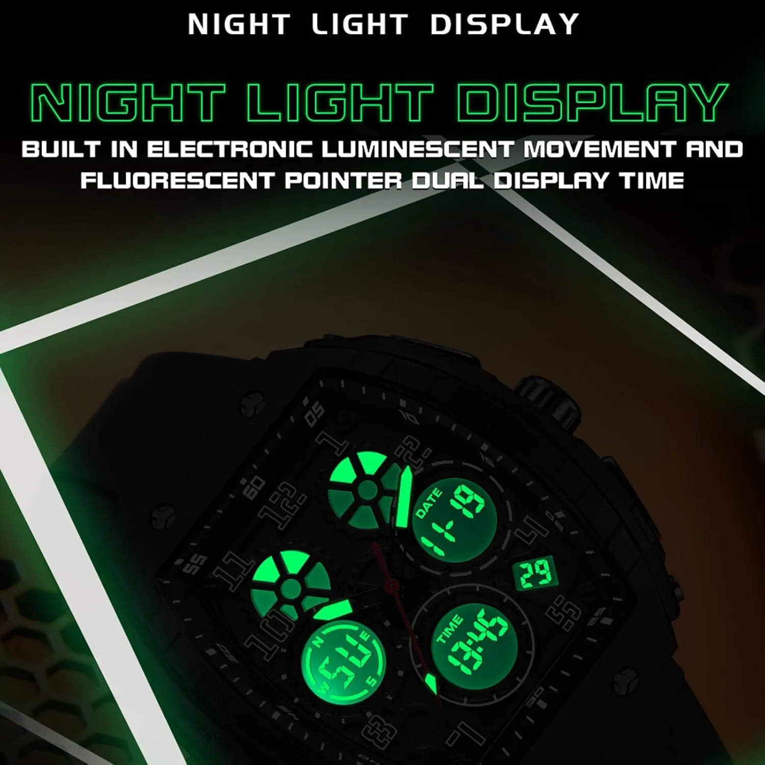 Dual drastic inability Time Display Countdown Stopwatch Punk Cool Design 5ATM Waterproof findtime Watches for Men Unique Rectangle Relojes para Hombres White Wristwatch with Digital Analog 