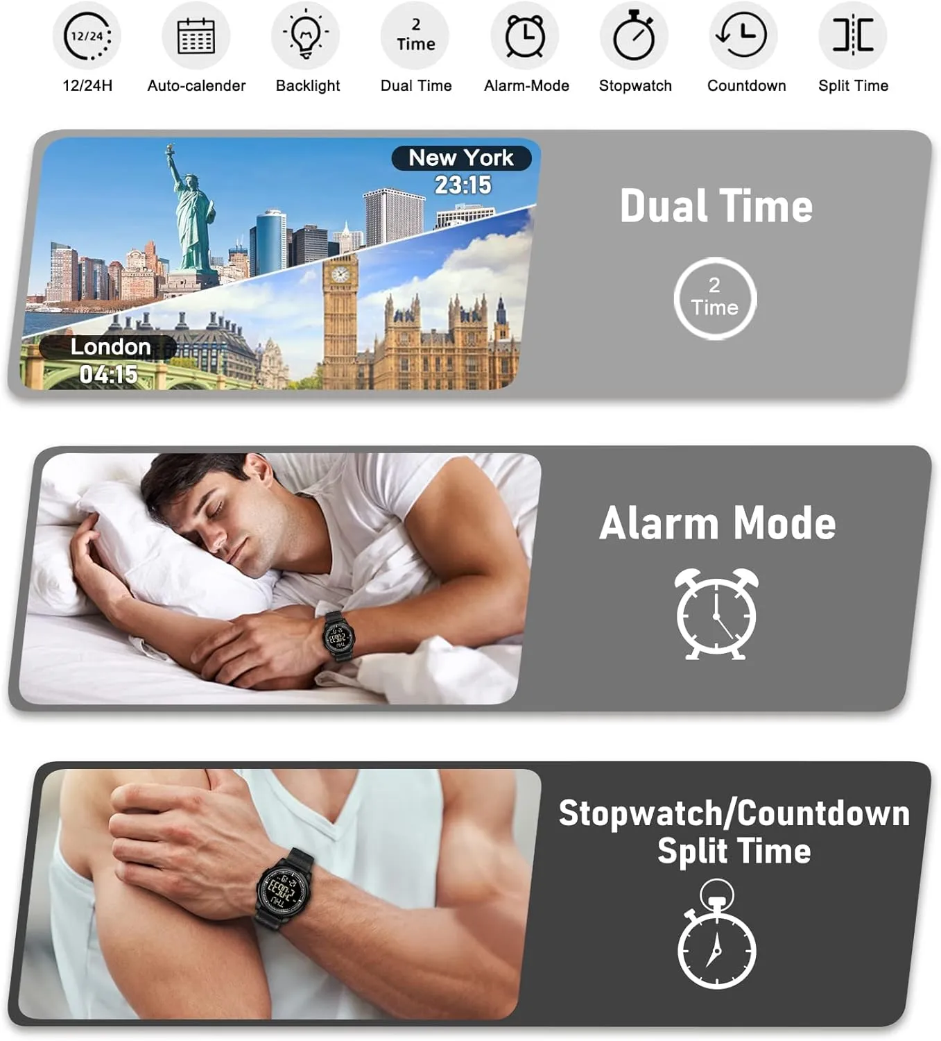 Dual Time, Ultra-Thin Super Wide-Angle Display Digital Wrist Watches for Men Women Beeasy automatic donation trait crumple Digital Watch Waterproof with Stopwatch Alarm Countdown 