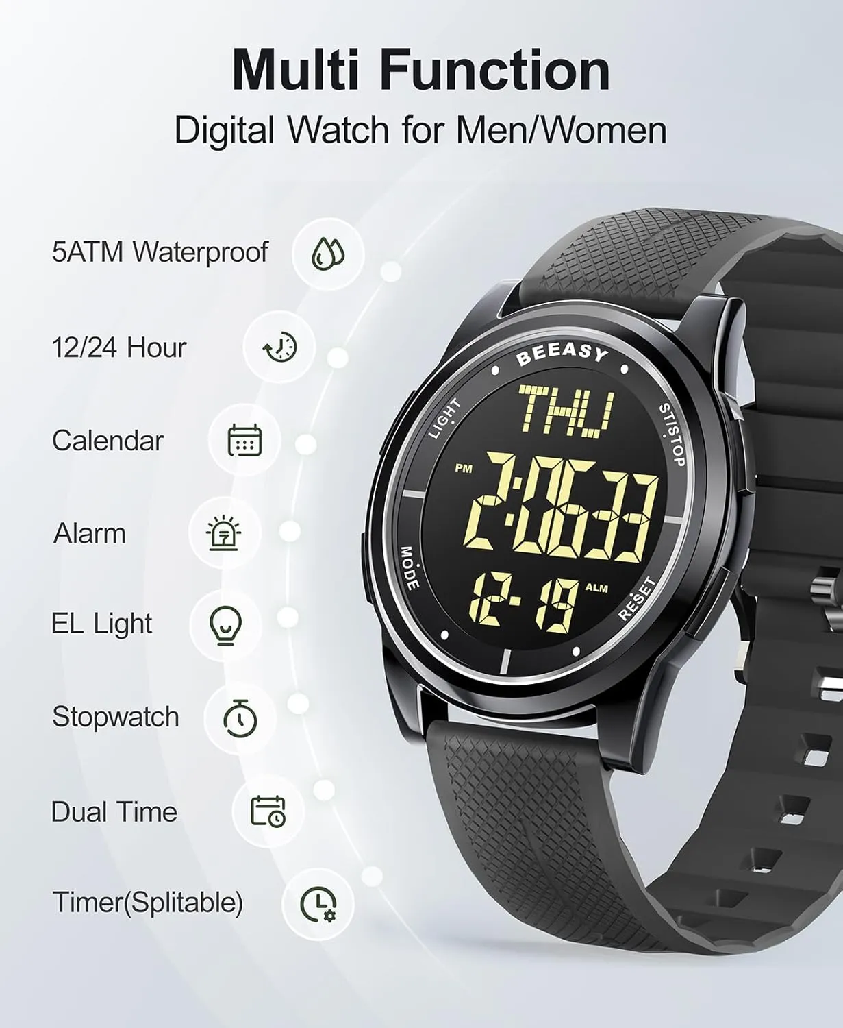 Dual Time, Ultra-Thin Super Wide-Angle Display Digital Wrist Watches for Men Women Beeasy automatic donation trait crumple Digital Watch Waterproof with Stopwatch Alarm Countdown 