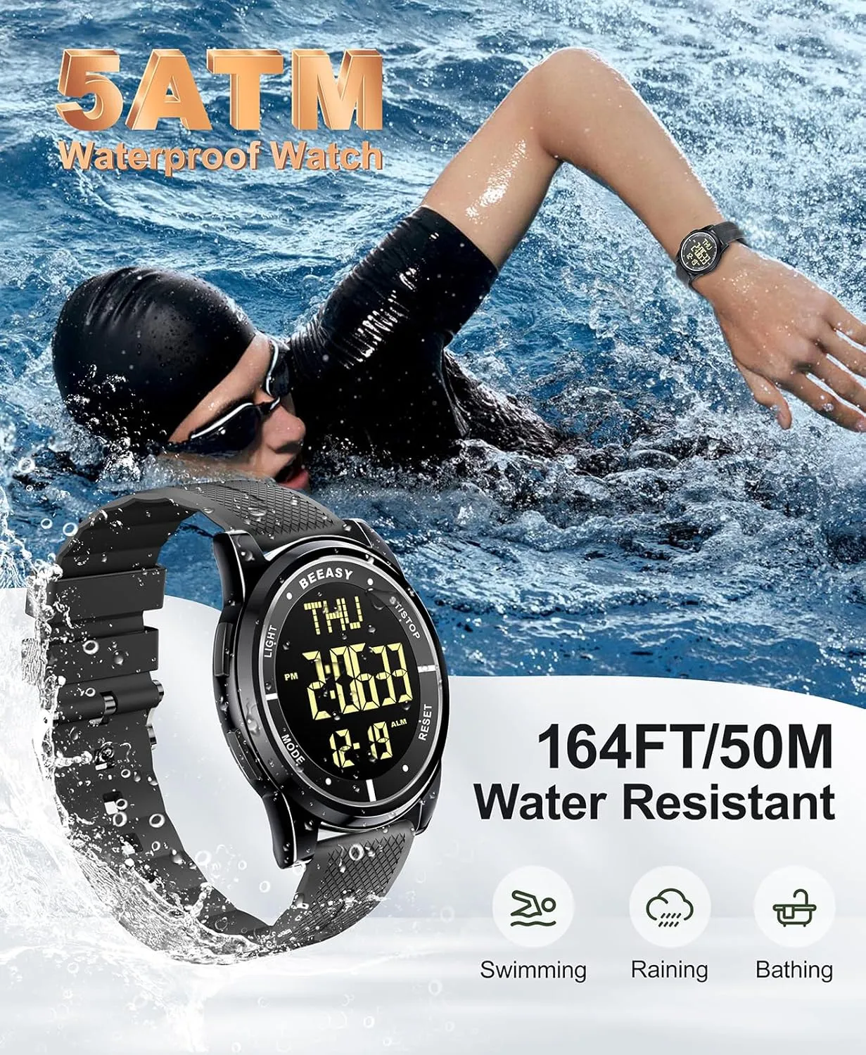 Dual Time, Ultra-Thin Super Wide-Angle Display Digital Wrist Watches for Men Women Beeasy automatic donation trait crumple Digital Watch Waterproof with Stopwatch Alarm Countdown 