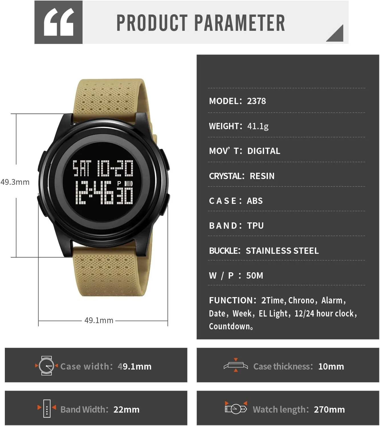 Dual Time,Hourly Chime Men's Ultra-Thin Digital Waterproof Watch Stylish Sports Wrist Watch for Men and uncommon Women Military Tactical, Minimalist Design with Stopwatch, Countdown, Alarm, 