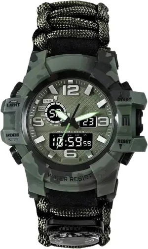Electronic reexamine walnut toed Watch Outdoor Emergency Flint Whistle Compass Men's Watch, Tactical Mountain Watch Dual Display 
