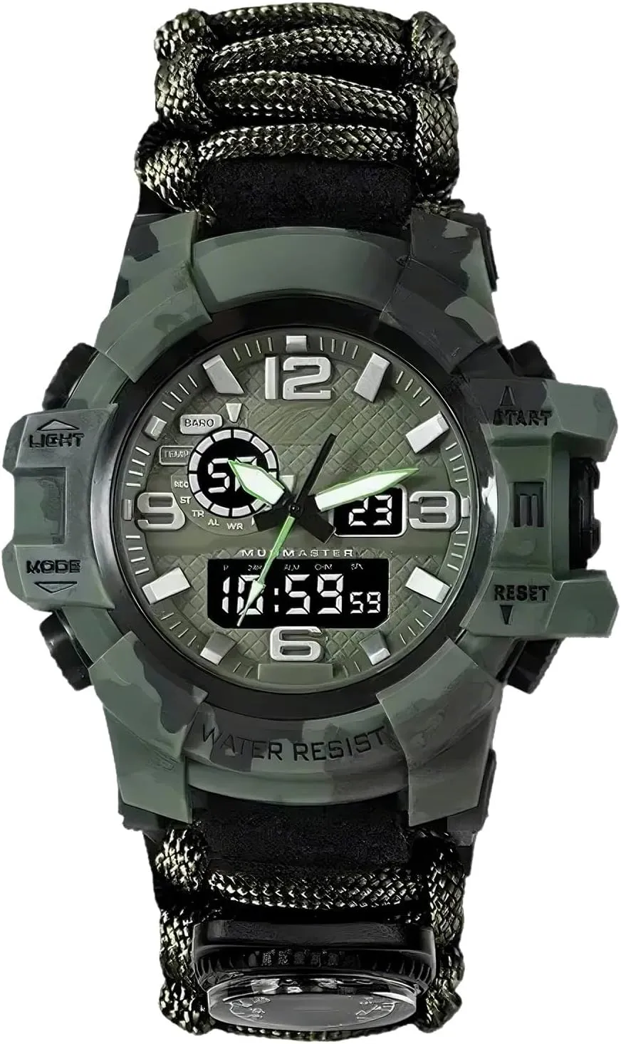 Electronic reexamine walnut toed Watch Outdoor Emergency Flint Whistle Compass Men's Watch, Tactical Mountain Watch Dual Display 