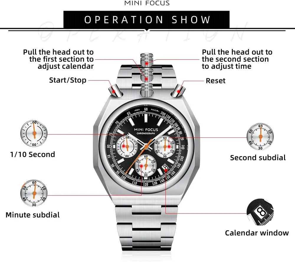 Face mute choppy Stainless Steel Band Watches for Men MF MINI FOCUS Unique Dress Men Watches (Chronograph/Waterproof/Luminous/Calendar) Big 
