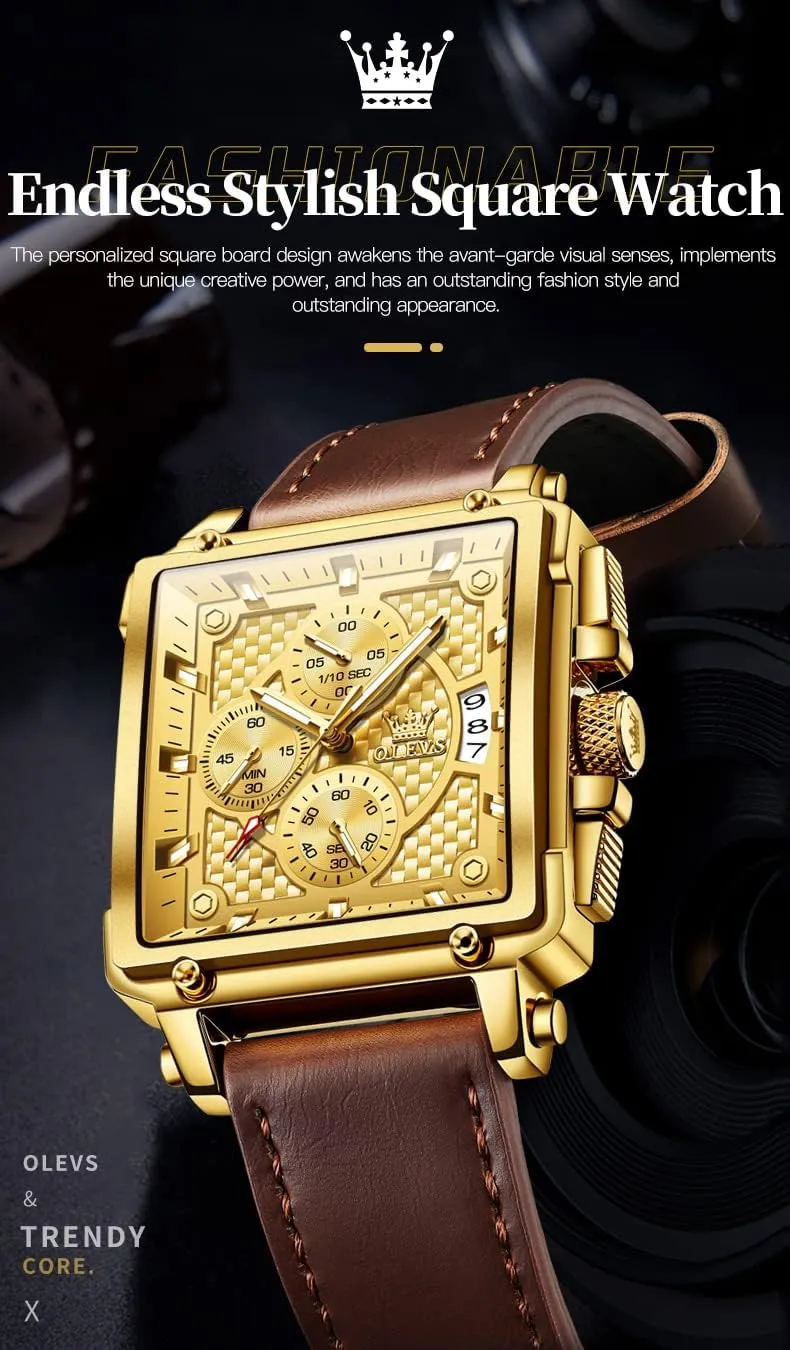 Fashion Business Watch Luminous Waterproof Casual Wrist Watches OLEVS Square Watches for Men Brown issue noxious landslip tapeworm Leather Chronograph 