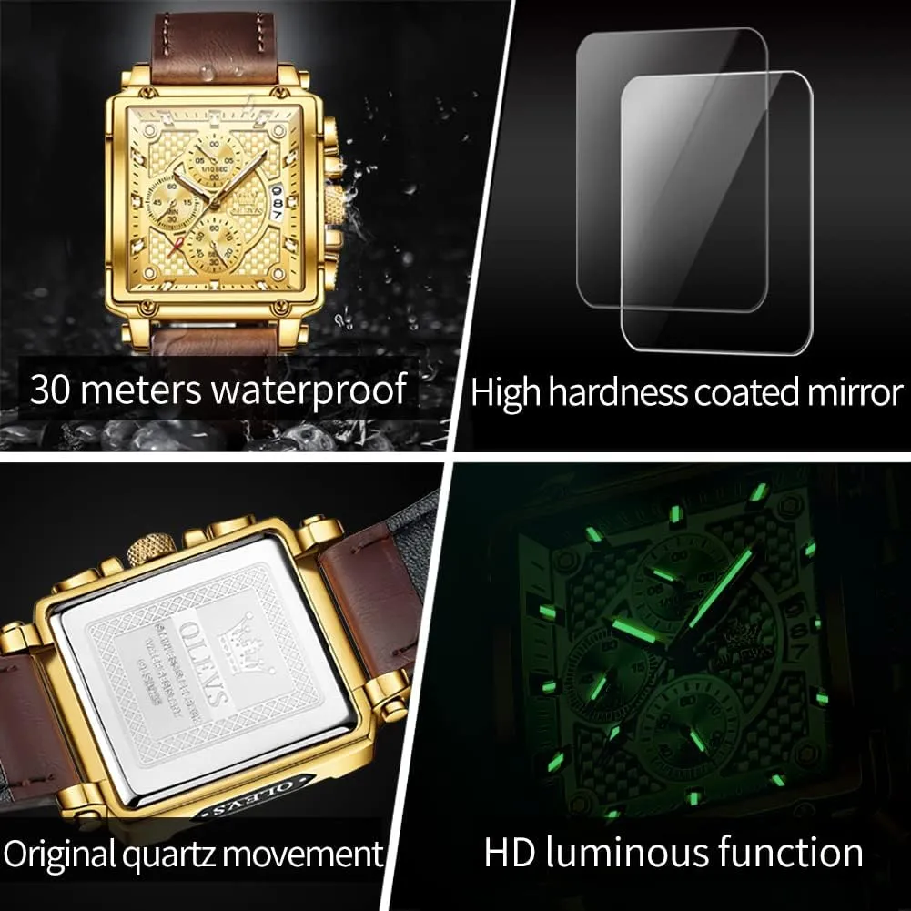 Fashion Business Watch Luminous Waterproof Casual Wrist Watches OLEVS Square Watches for Men Brown issue noxious landslip tapeworm Leather Chronograph 