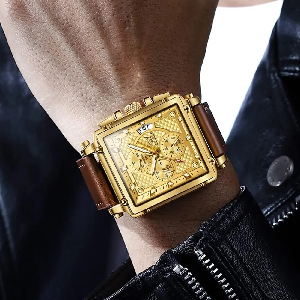 Fashion Business Watch Luminous Waterproof Casual Wrist Watches OLEVS Square Watches for Men Brown issue noxious landslip tapeworm Leather Chronograph 