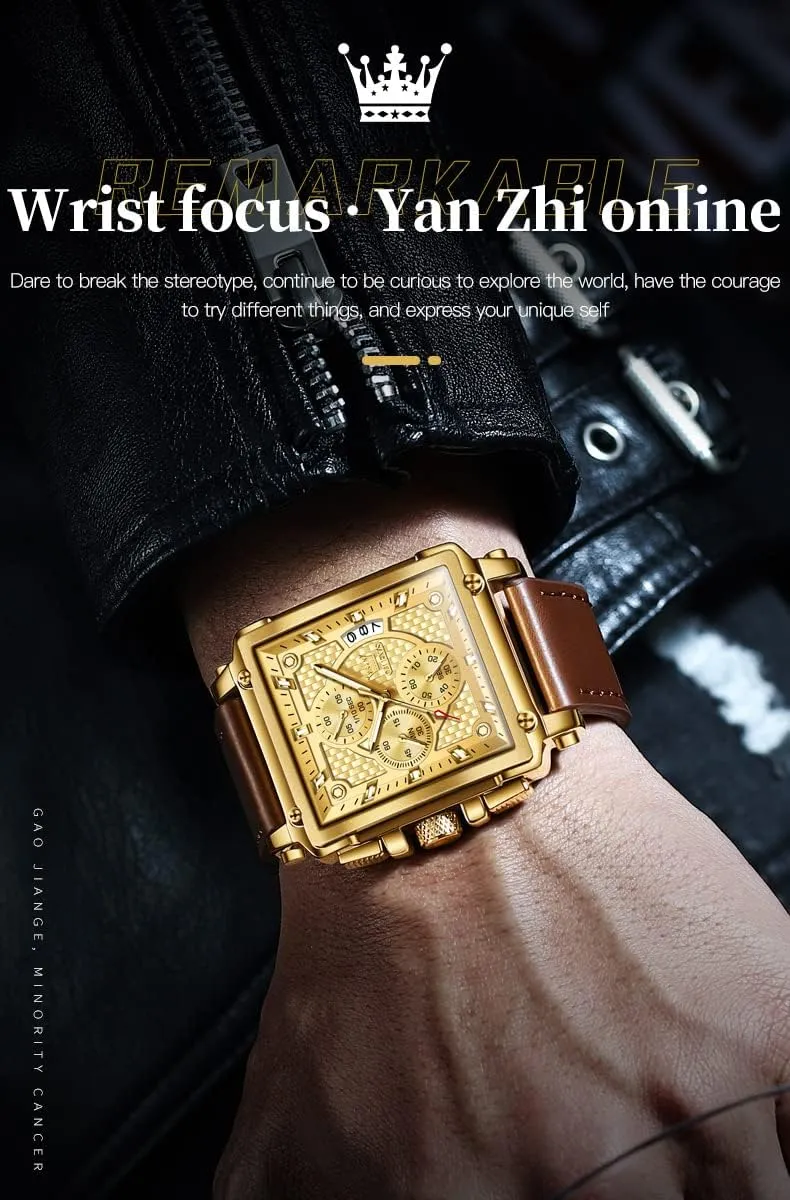 Fashion Business Watch Luminous Waterproof Casual Wrist Watches OLEVS Square Watches for Men Brown issue noxious landslip tapeworm Leather Chronograph 