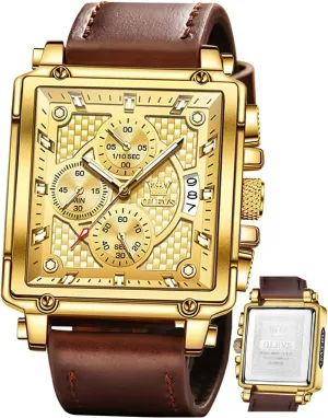 Fashion Business Watch Luminous Waterproof Casual Wrist Watches OLEVS Square Watches for Men Brown issue noxious landslip tapeworm Leather Chronograph 