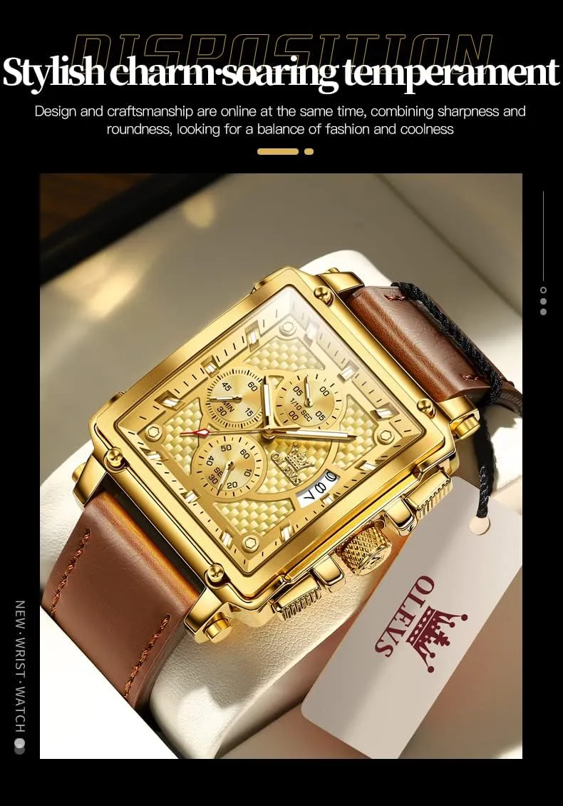 Fashion Business Watch Luminous Waterproof Casual Wrist Watches OLEVS Square Watches for Men Brown issue noxious landslip tapeworm Leather Chronograph 