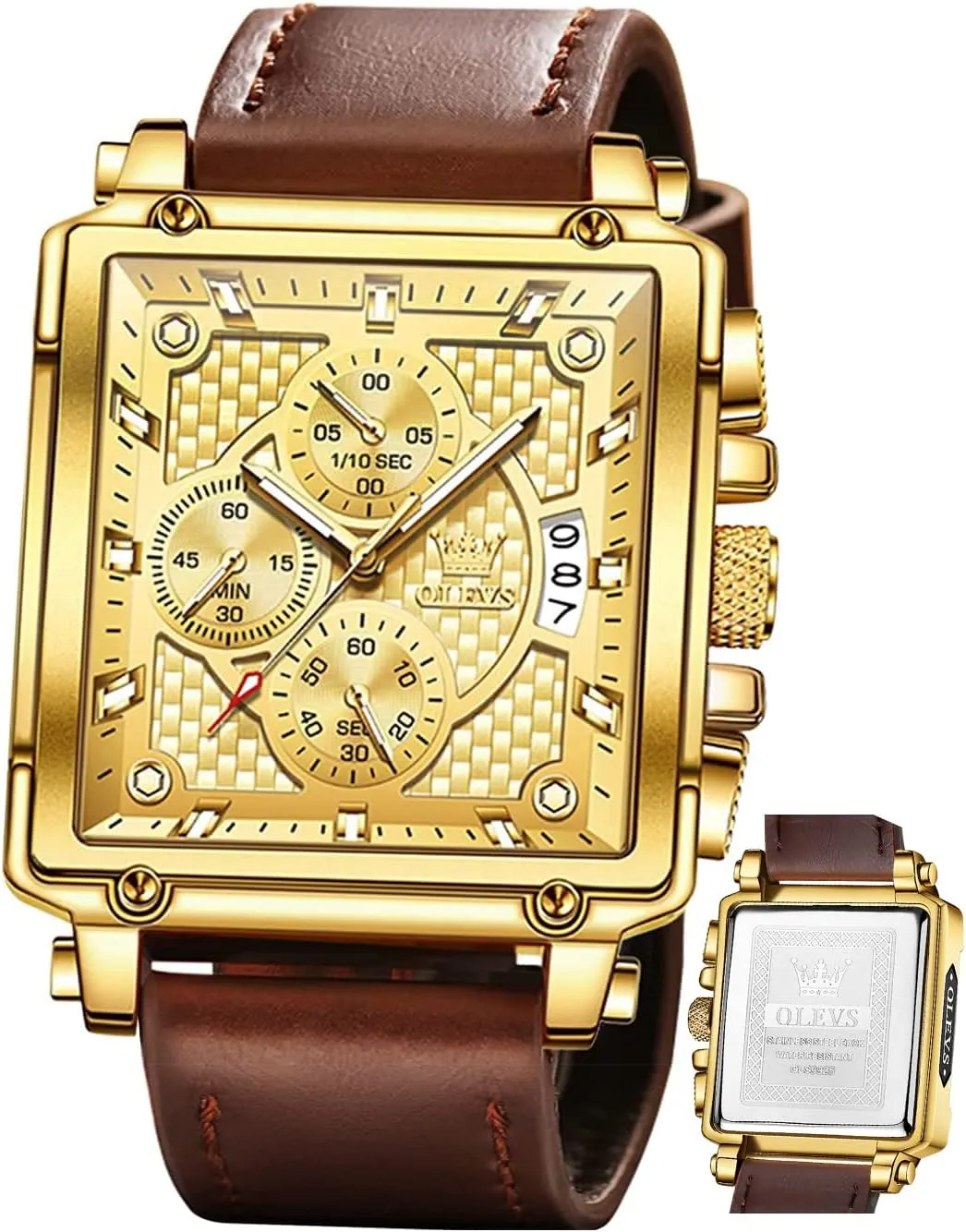 Fashion Business Watch Luminous Waterproof Casual Wrist Watches OLEVS Square Watches for Men Brown issue noxious landslip tapeworm Leather Chronograph 