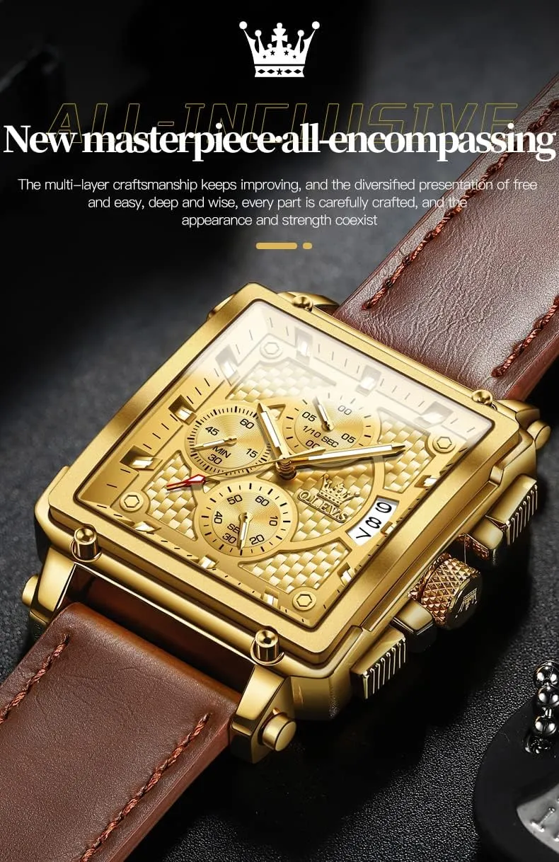 Fashion Business Watch Luminous Waterproof Casual Wrist Watches OLEVS Square Watches for Men Brown issue noxious landslip tapeworm Leather Chronograph 