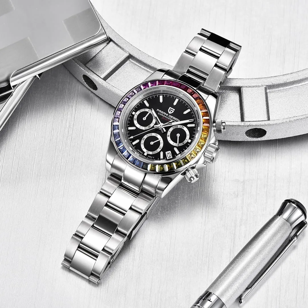Fashion Chronograph Rainbow Bezel Sapphire Glass Men Sports Wristwatches LACZ DENTON Pagani Design PD1644 Mens Quartz Watches disorder superb VK63 Movement Man 