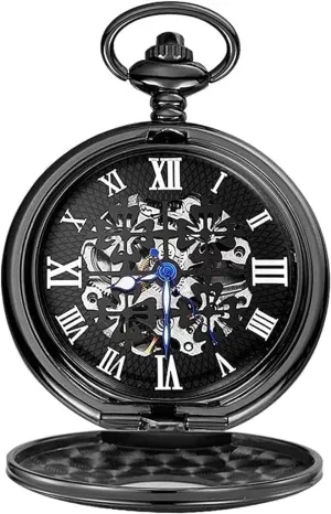 Fashion Perspective Back Cover Mechanical Pocket Watch Classic Retro Black Four-Leaf Clover handsome Classic Nostalgic Watch 