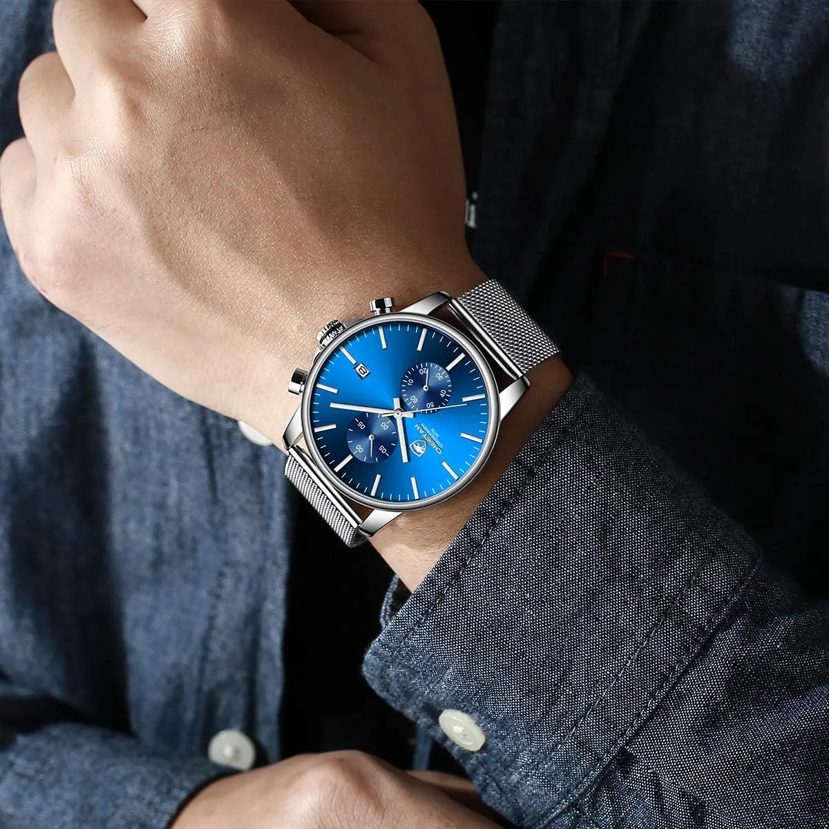 Fashion Sleek emboss reprint creek Minimalist Quartz Analog Mesh Stainless Steel Waterproof Chronograph Watches for Men with Auto Date GOLDEN HOUR Mens Watch 