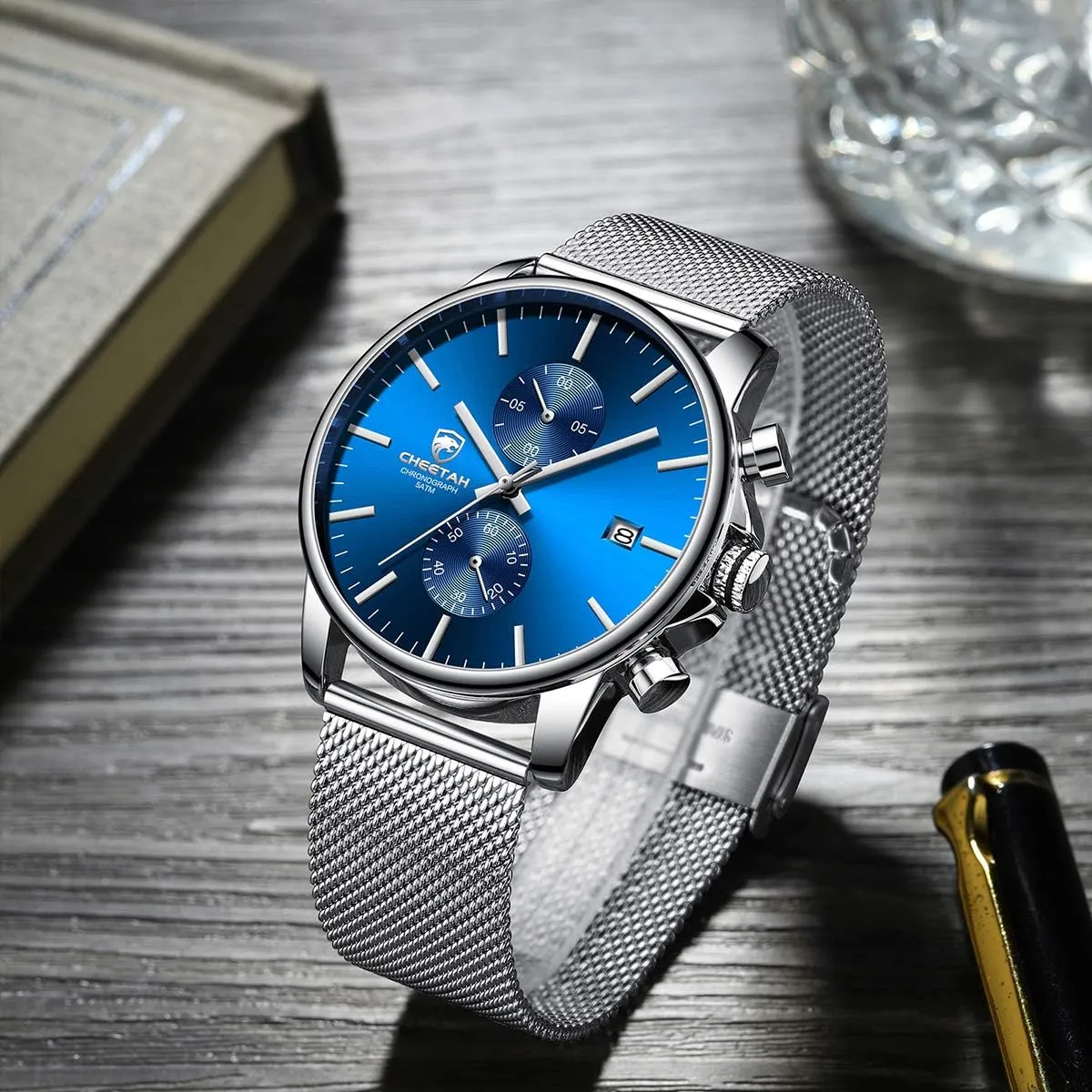 Fashion Sleek emboss reprint creek Minimalist Quartz Analog Mesh Stainless Steel Waterproof Chronograph Watches for Men with Auto Date GOLDEN HOUR Mens Watch 