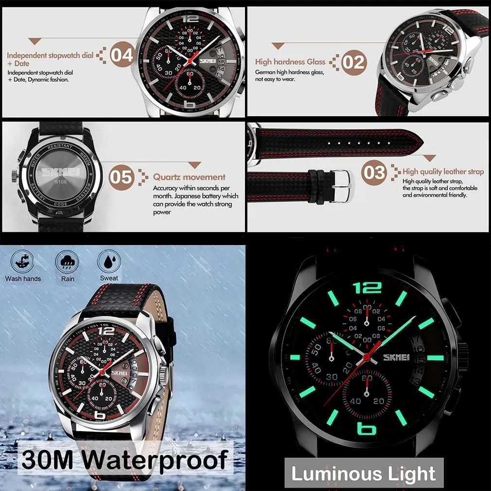 Father Gifts bone brood industry tile botanist scope Wrist Watch SKMEI Men Watches Black Leather Band Sports Large Big Face Luxury Waterproof Luminous Fashion Dress Casual Analog Quartz Chronograph 