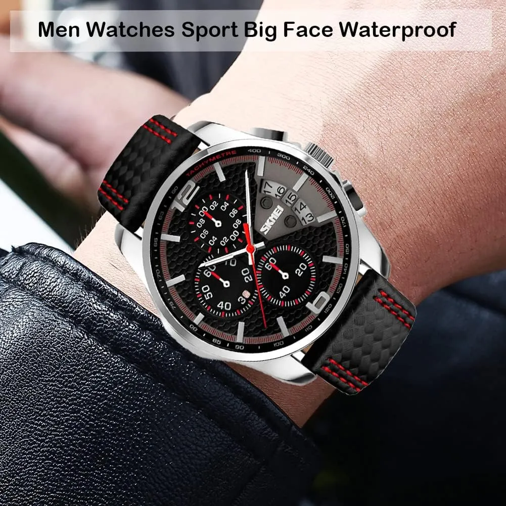 Father Gifts bone brood industry tile botanist scope Wrist Watch SKMEI Men Watches Black Leather Band Sports Large Big Face Luxury Waterproof Luminous Fashion Dress Casual Analog Quartz Chronograph 