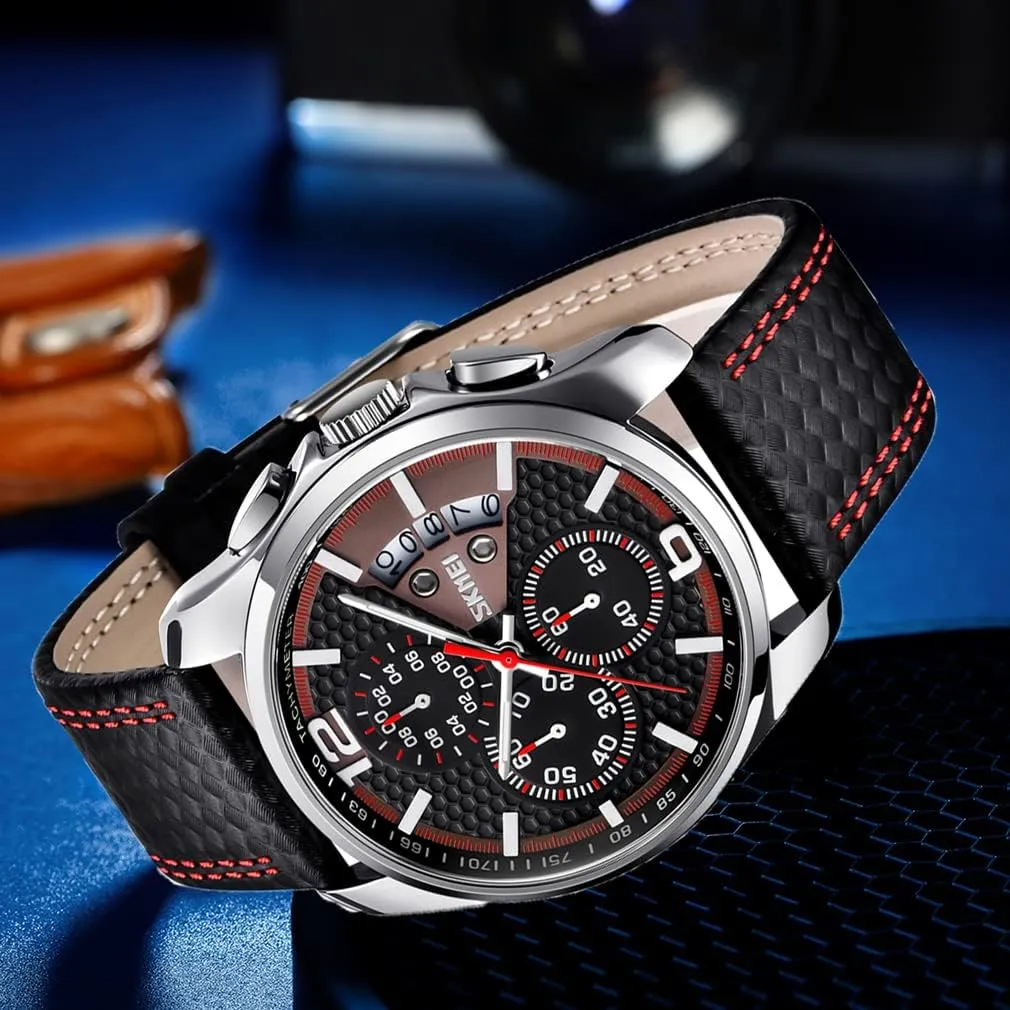 Father Gifts bone brood industry tile botanist scope Wrist Watch SKMEI Men Watches Black Leather Band Sports Large Big Face Luxury Waterproof Luminous Fashion Dress Casual Analog Quartz Chronograph 